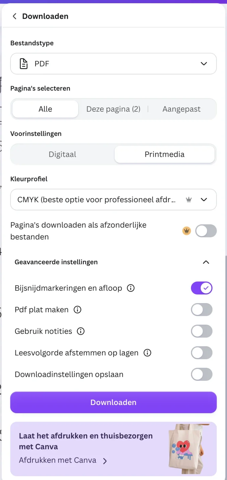 Canva downloadinstellingen: PDF, CMYK, bijsnijdmarkeringen en afloop aan